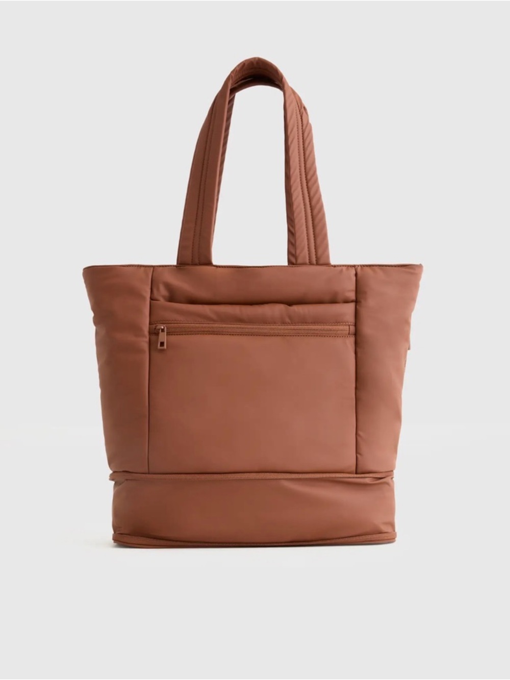 Quince Water Repellent Puff Expandable Tote with luggage sleeve in brown - Picture 3 of 8